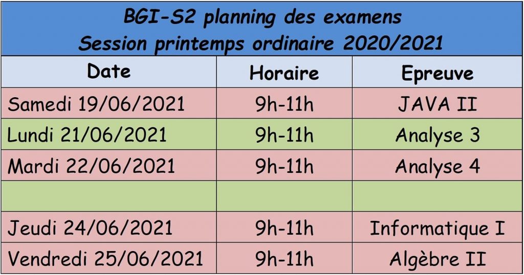 CALENDRIER DES EXAMENS DE LA SESSION ORDINAIRE DU PRINTEMPS 2021