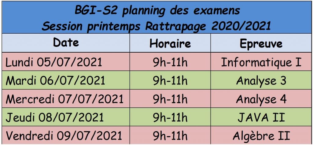 Calendrier des examens de la filière Génie Informatique @ UMI | Meknes | Fez-Meknès | Morocco